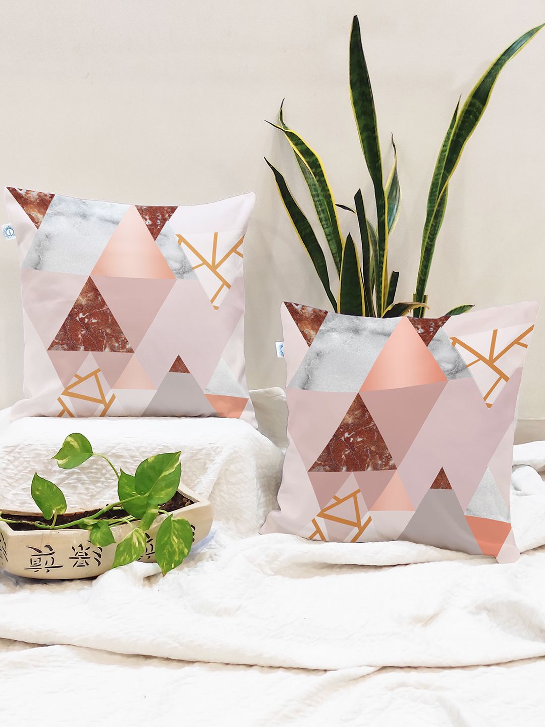 STITCHNEST Brown & White Set of 2 Geometric Square Cushion Covers