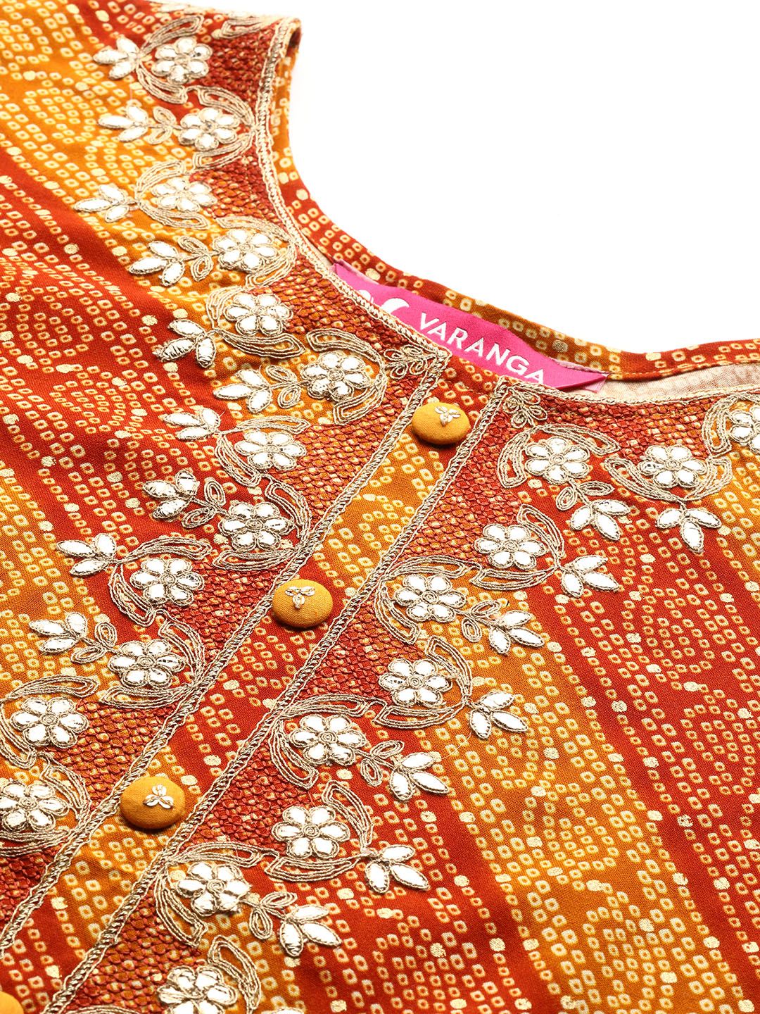 Varanga Women Mustard Yellow & Rust Bandhani Embroidered Gotta Patti Indie Prints Kurta