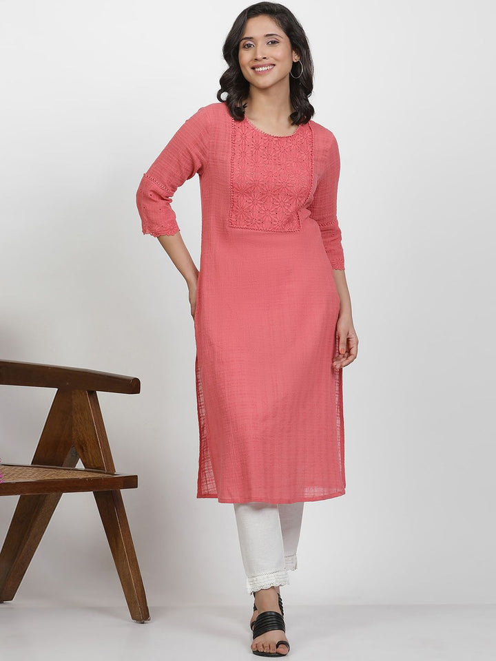 W Women Self Design Thread Work Cotton Straight Kurta