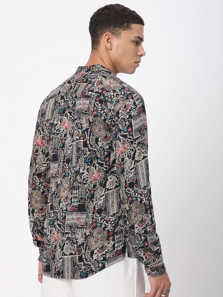 Vastrado Quirky Foil Printed Band Collar Cotton Straight Short Kurta