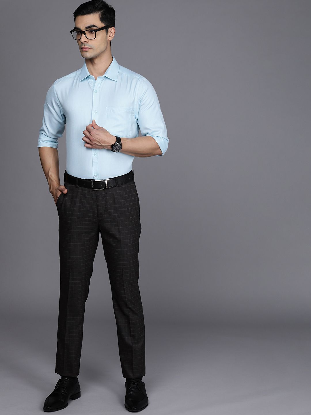 Raymond Men Grey Checked Slim Fit Formal Trousers
