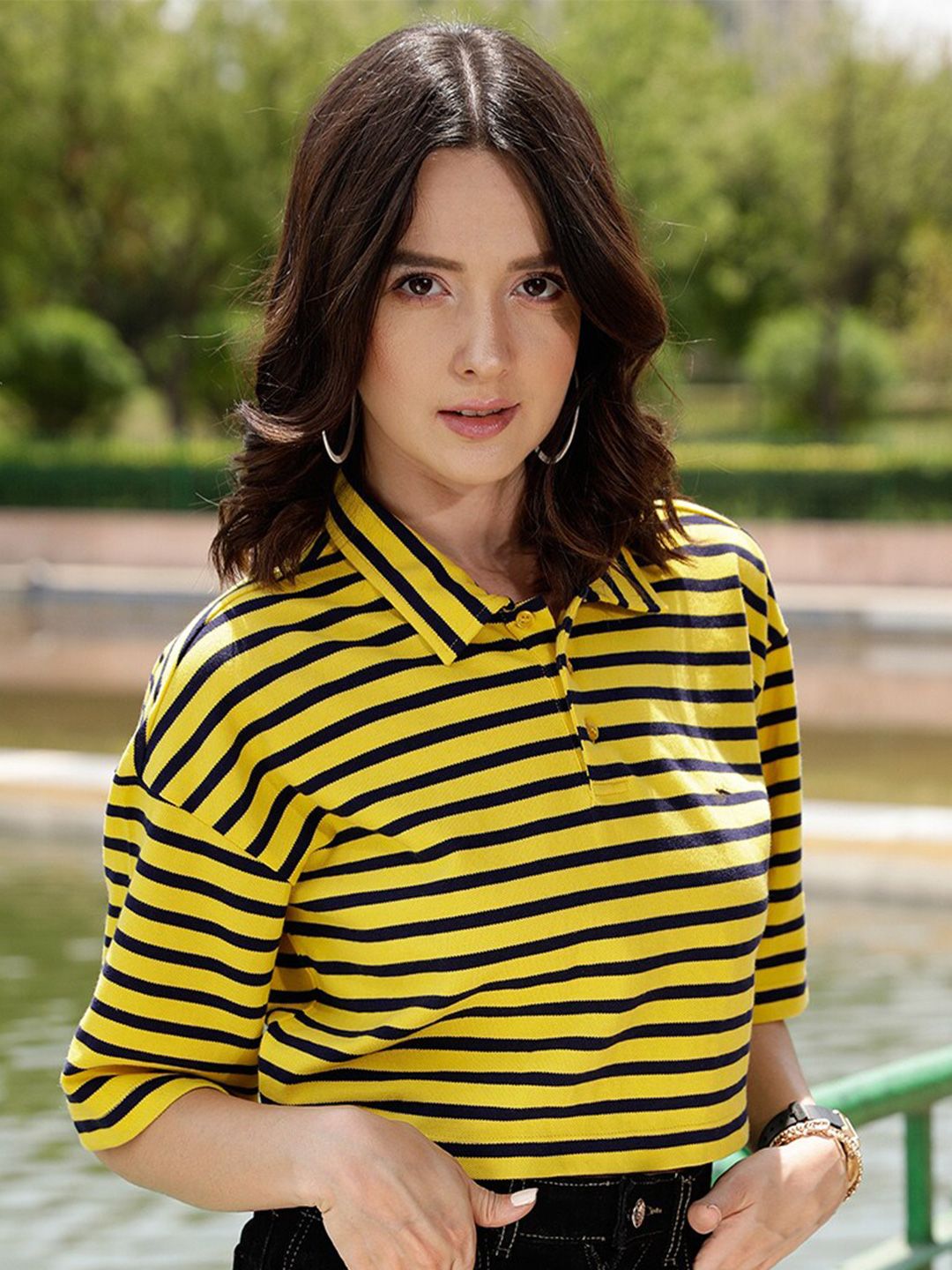 STREET 9 Yellow Striped Polo Collar Pure Cotton T-shirt