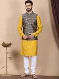 Kurta Sutera Kapas Bersulam Bunga Anouk Mustard-Kuning dengan Jaket Churidar & Nehru
