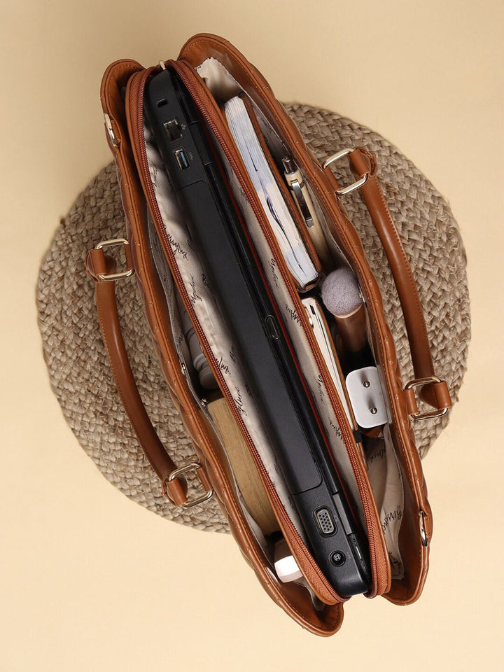 Berrylush Women Brown Textured Laptop Bag With Quilted