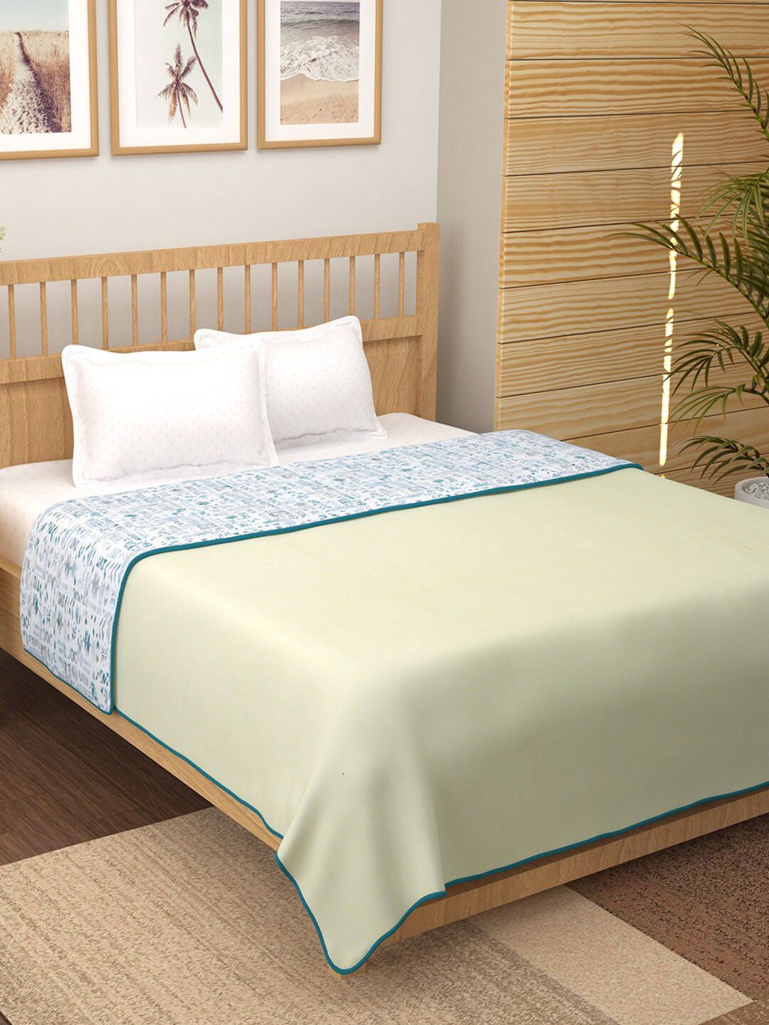 Story@home White & Yellow Printed AC Room 150 GSM Reversible Cotton Double Bed Dohar