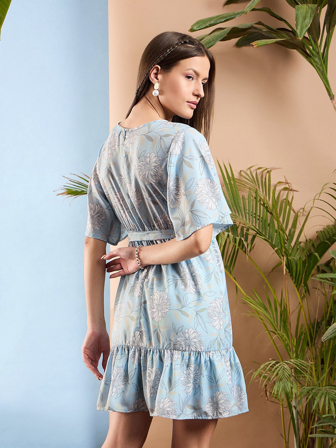 SASSAFRAS Floral Print Flared Sleeves Belted Fit & Flare Dress