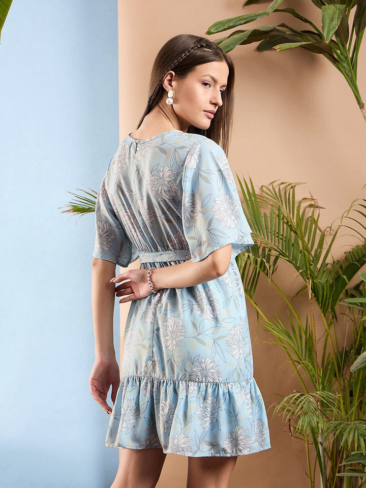 SASSAFRAS Floral Print Flared Sleeves Belted Fit & Flare Dress