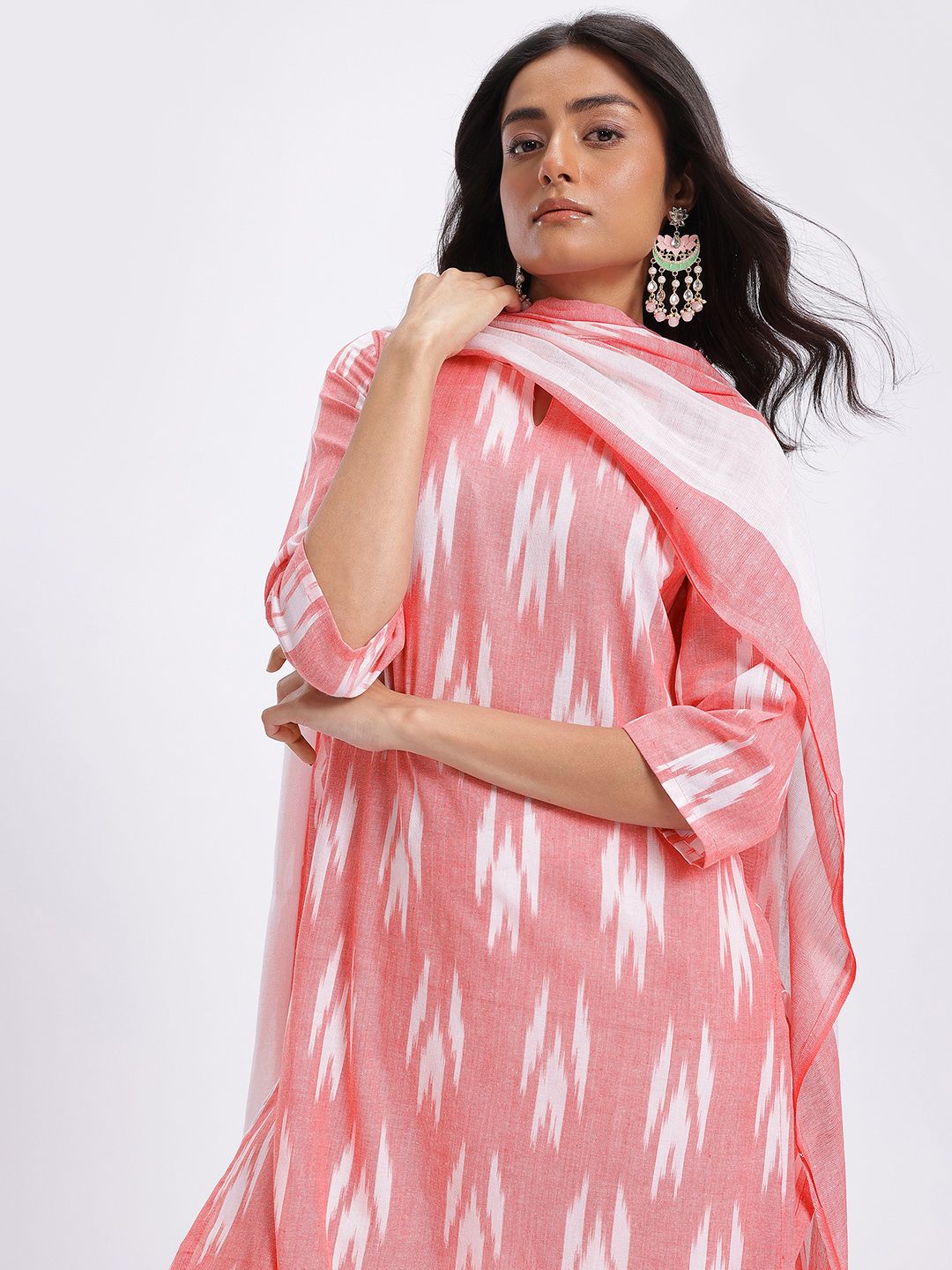 Anouk Ikat Print Regular Pure Cotton Kurta with Trousers & Dupatta