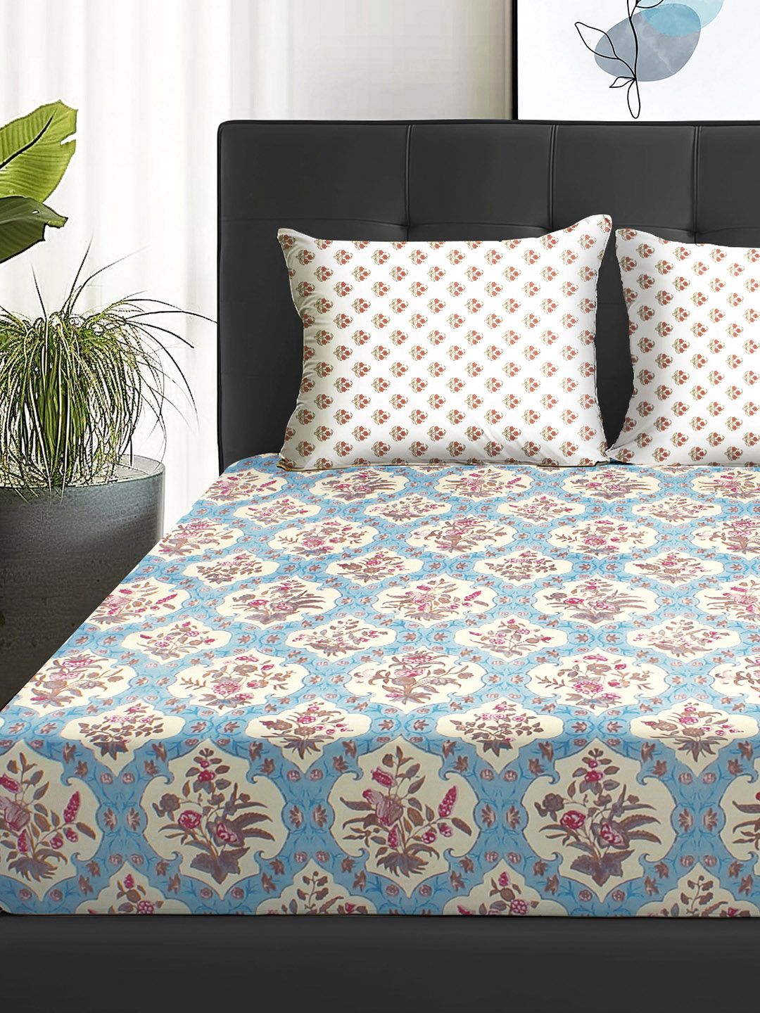 Story@home Cream-Coloured & Pink Floral Microfiber 180 TC Queen Bedsheet & 2 Pillow Covers