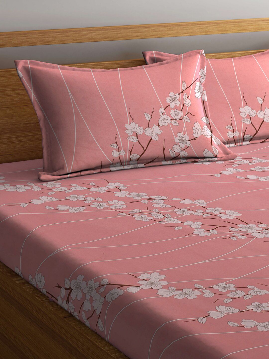 KLOTTHE Pink & White Floral-Printed 130GSM Pure-Cotton Double King Bedsheet Set