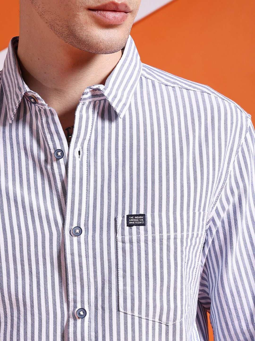 The Indian Garage Co Navy Blue Slim Fit Striped Pure Cotton Casual Shirt