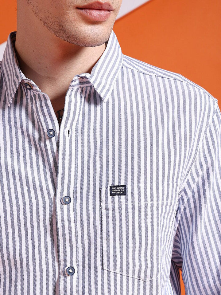 The Indian Garage Co Navy Blue Slim Fit Striped Pure Cotton Casual Shirt