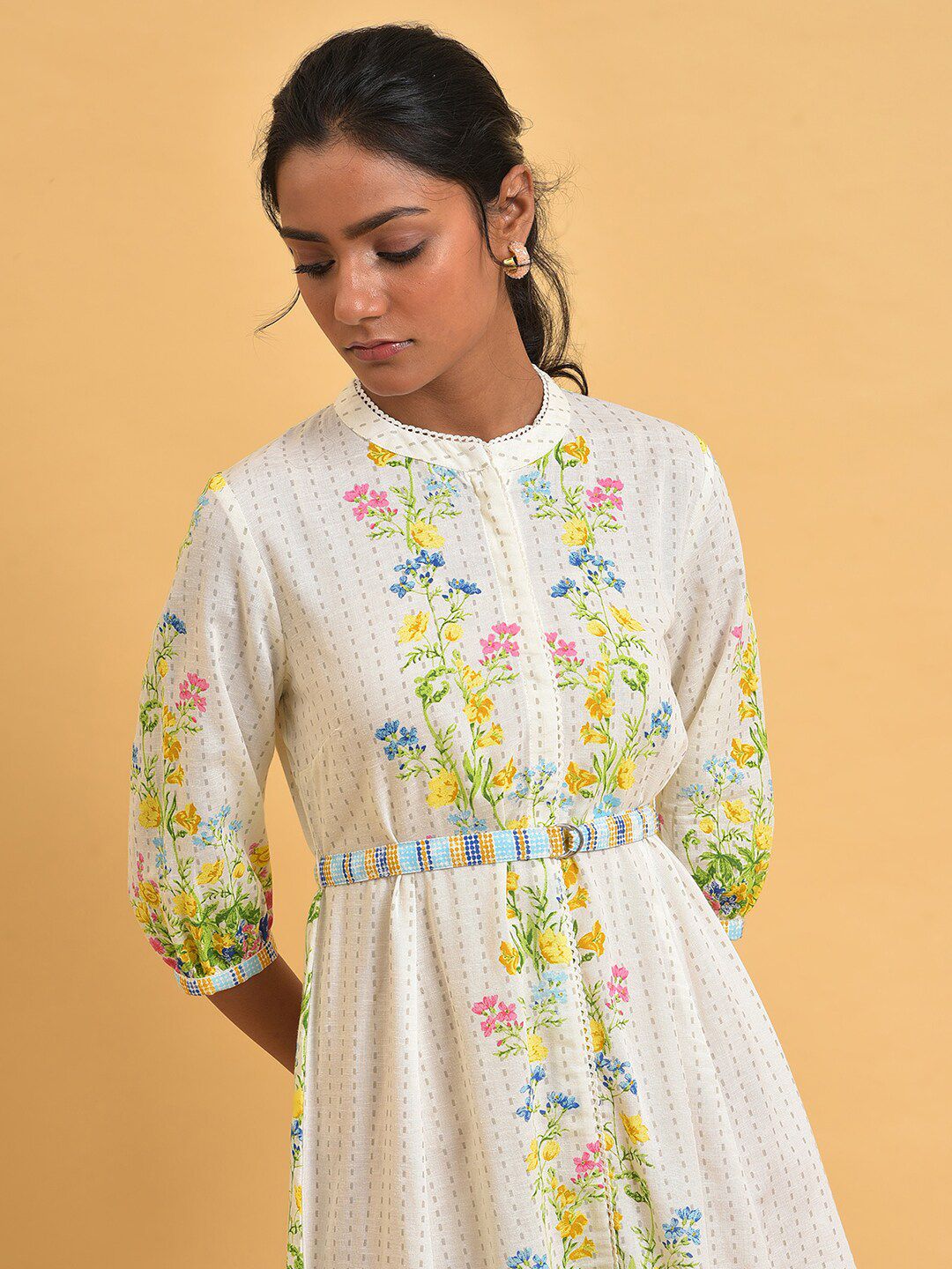 W Plus Size Floral Printed Shirt Style Midi Ethnic Dress
