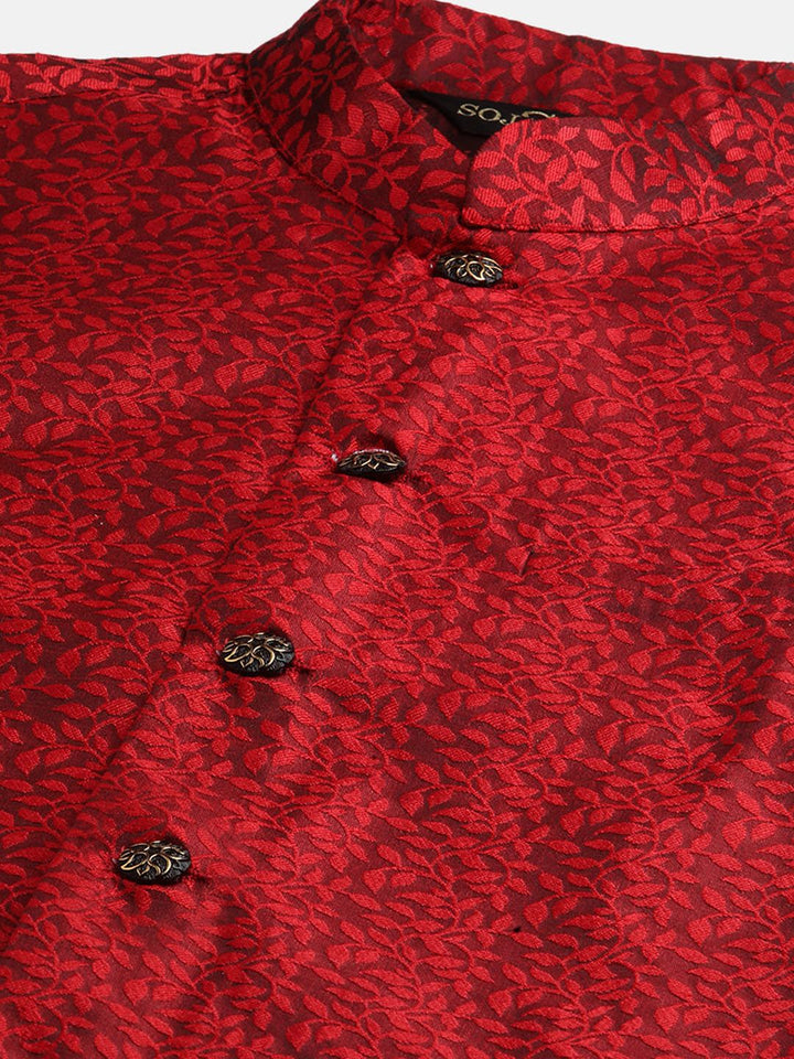 SOJANYA Kurta Rekaan Tenun Motif Etnik Oren & Merah Lelaki dengan Jaket Churidar & Nehru