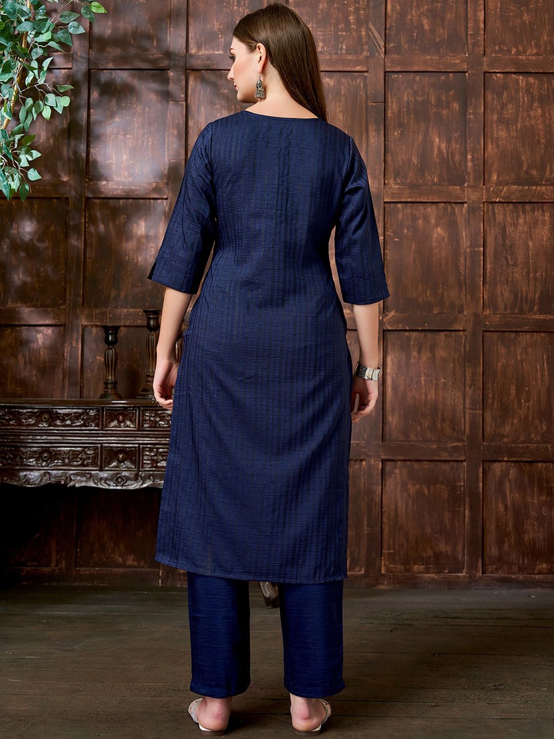 KALINI Women Striped Printed Notch Neck Straight Kurta With Trouser