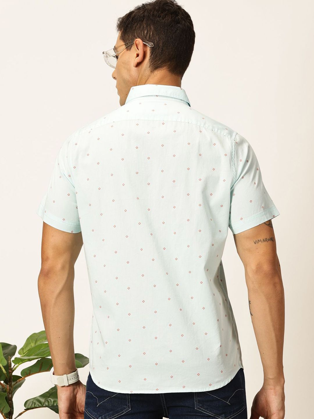 Thomas Scott Men Premium Spread Collar Micro Ditsy Printed Cotton Slim Fit Casual Shirt