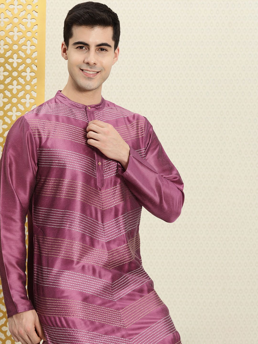 House of Pataudi Men Striped Band Collar Straight Rozana Kurta