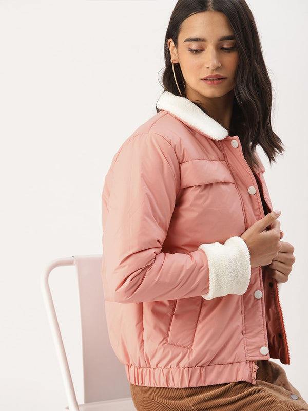 DressBerry Women Pink Solid Faux Fur Puffer Jacket