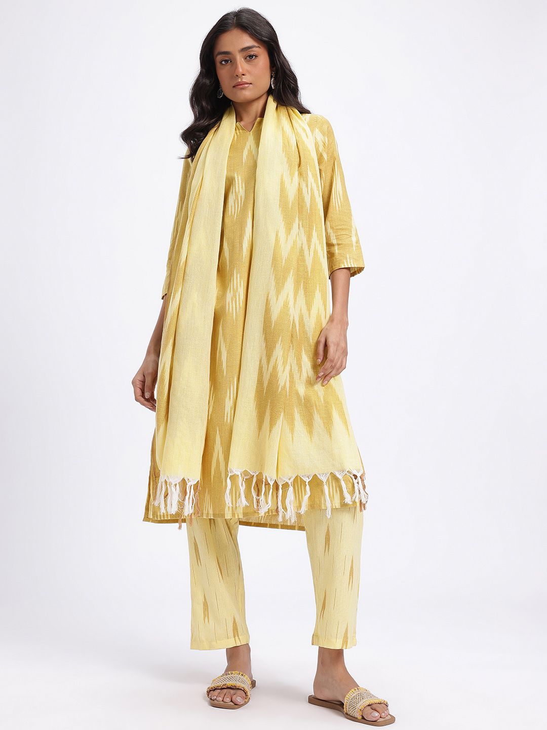 Anouk Ikat Printed Pure Cotton Straight Kurta with Trousers & Dupatta