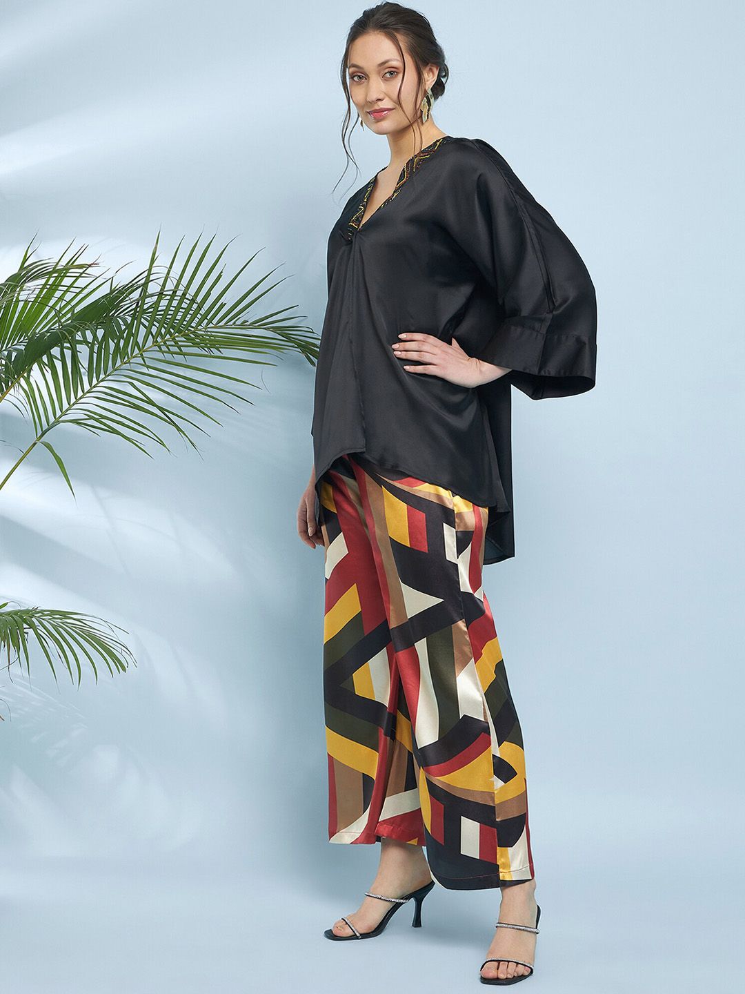 Antheaa Embellished Satin Top With Trousers