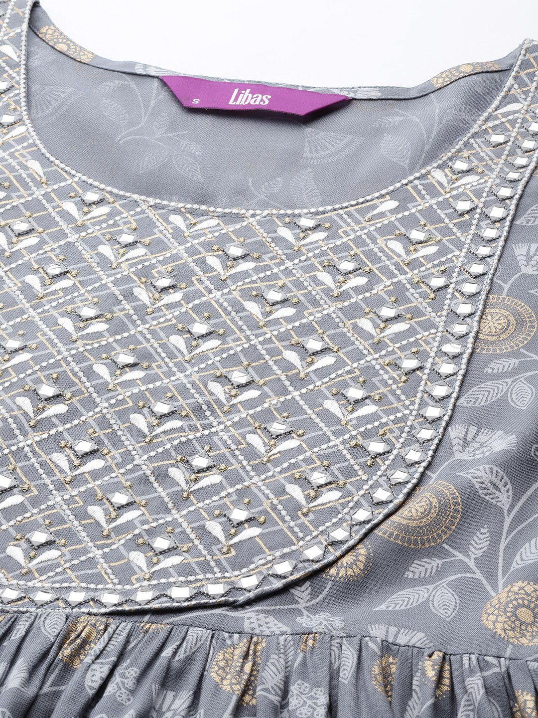 Libas Floral Yoke Design Pleated Thread Work Kurta with Trousers & With Dupatta