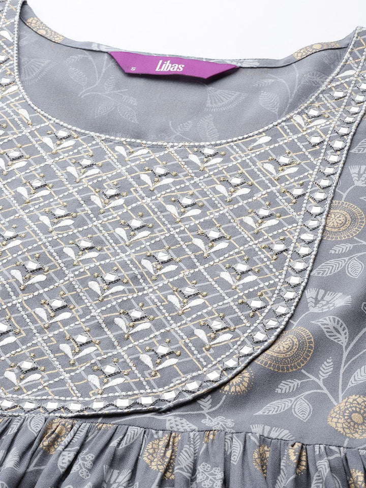 Libas Floral Yoke Design Pleated Thread Work Kurta with Trousers & With Dupatta