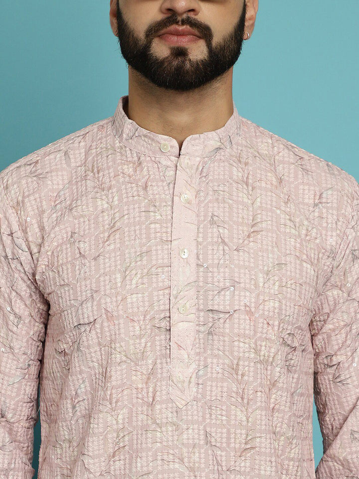 SOJANYA Floral Embroidered Band Collar Pure Cotton Kurta With Churidar
