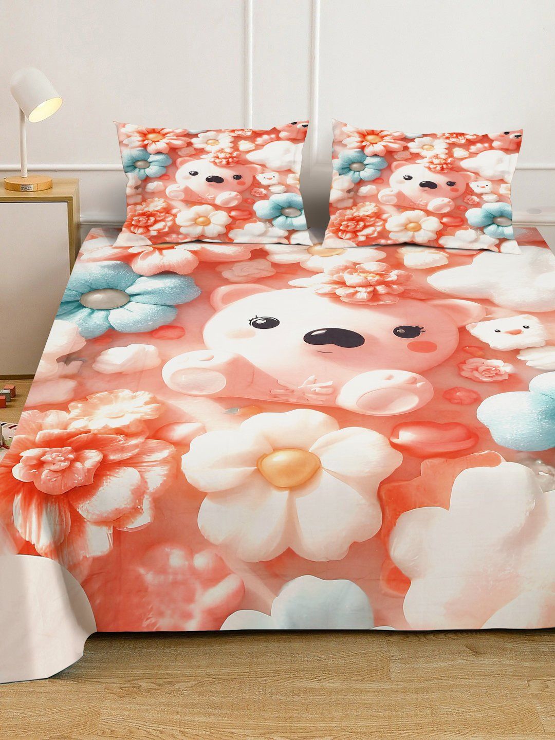Myntra Elegant Orange Kartun Bercetak 400 TC King 7D Cadar & 2 Sarung Bantal 250X225 cm