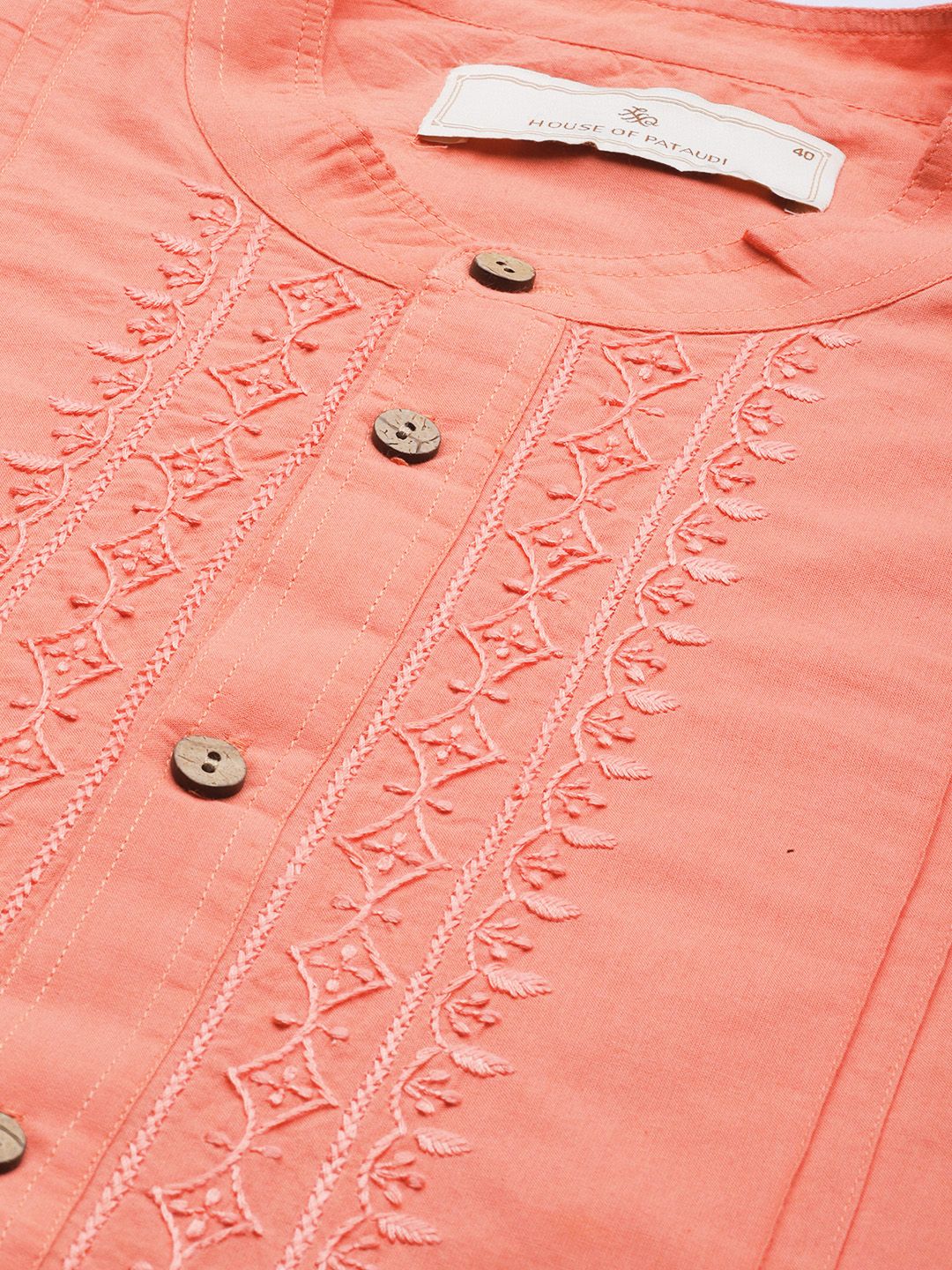 House of Pataudi Men Chikankari Yoke Design Pure Cotton Rozana Kurta
