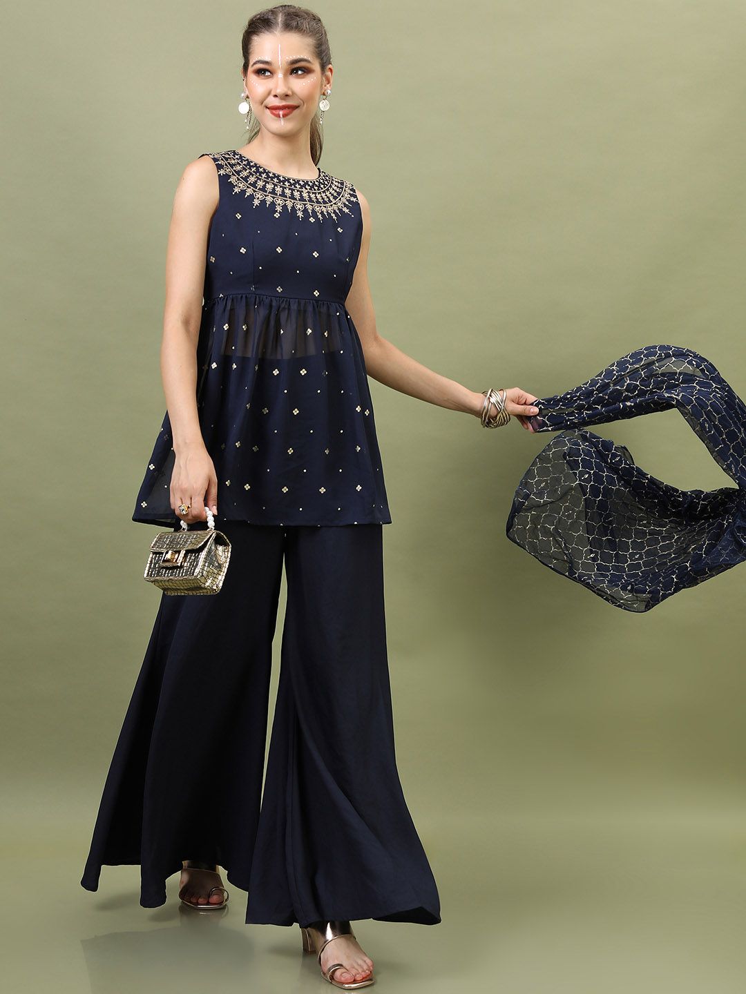 Vishudh Women Navy Blue Ethnic Motifs Embroidered Empire Kurti with Palazzos & With Dupatta