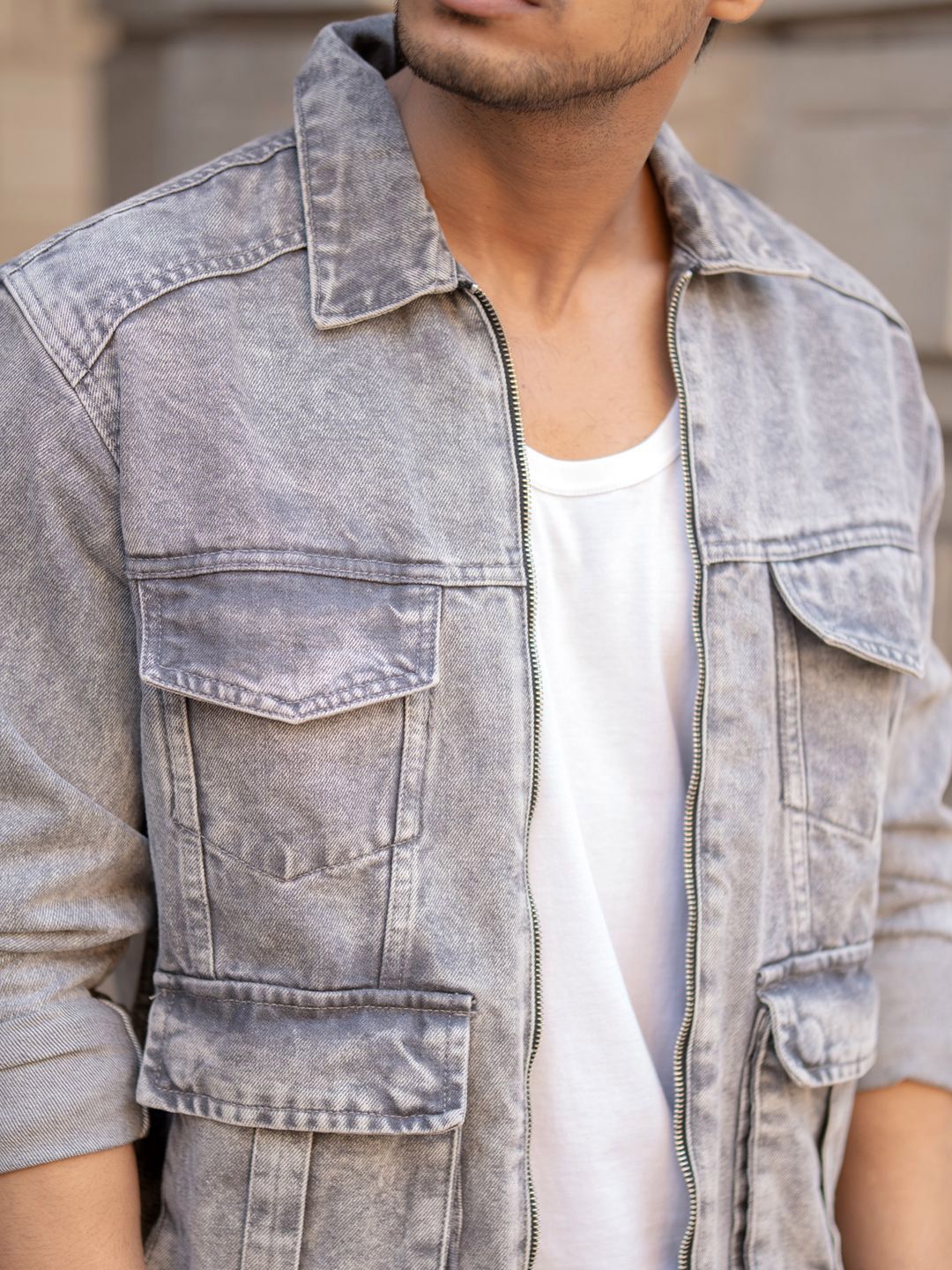 Powerlook Men Spread Collar Washed Solid Cotton Casual Denim Jacket