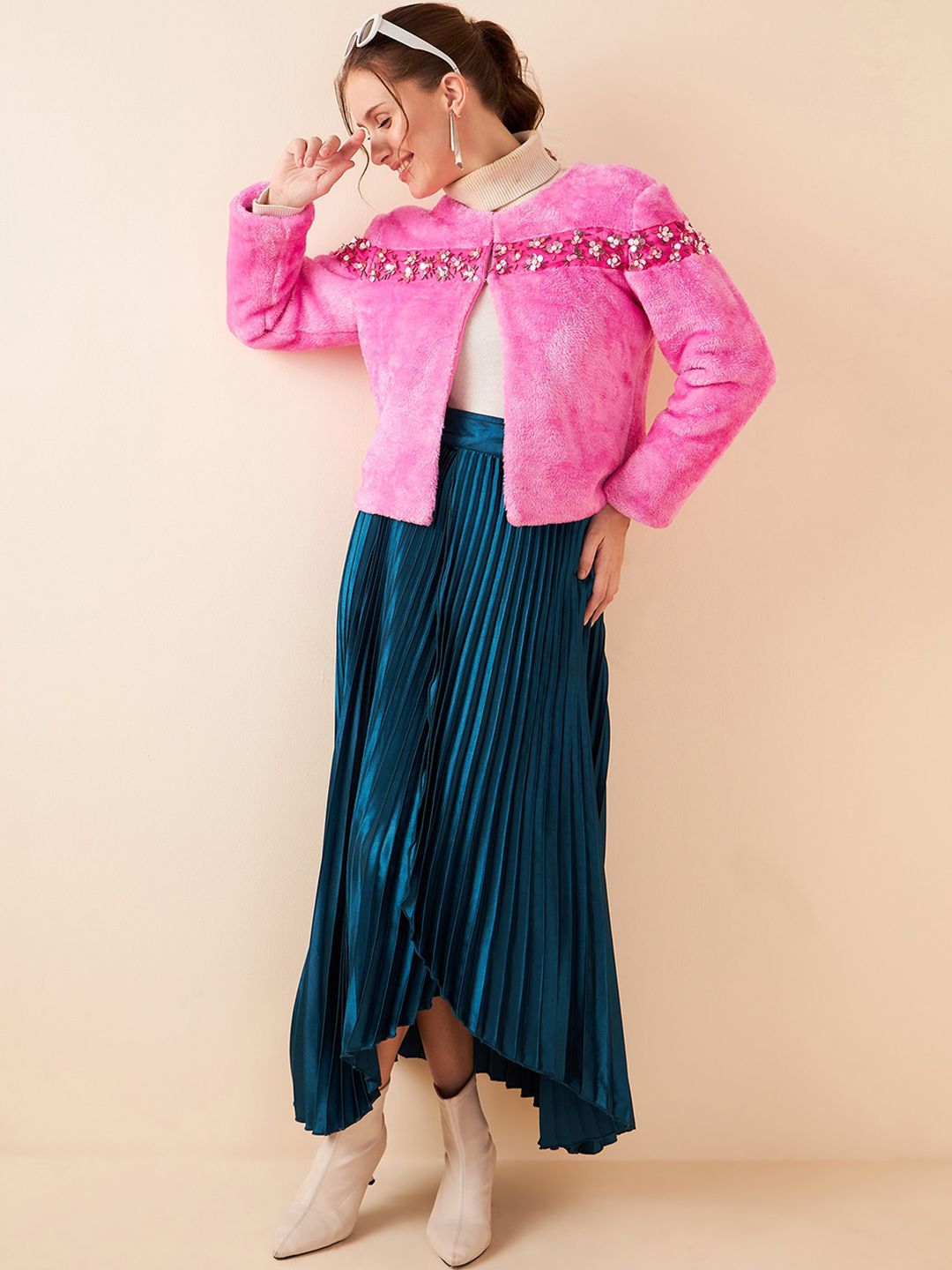 Antheaa Pink Self Design Collarless Long Sleeves Studded Tailored Jacket