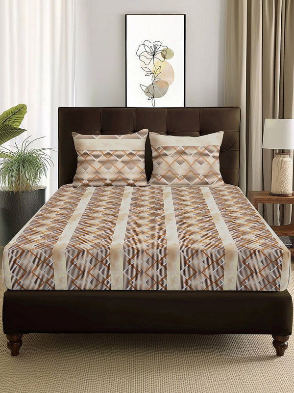Story@home Arena Brown & White Geometric Printed 180 TC Queen Bedsheet & 2 Pillow Covers