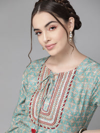 Varanga Teal Blue Ethnic Motif Yoke Embroidered Print Kurta