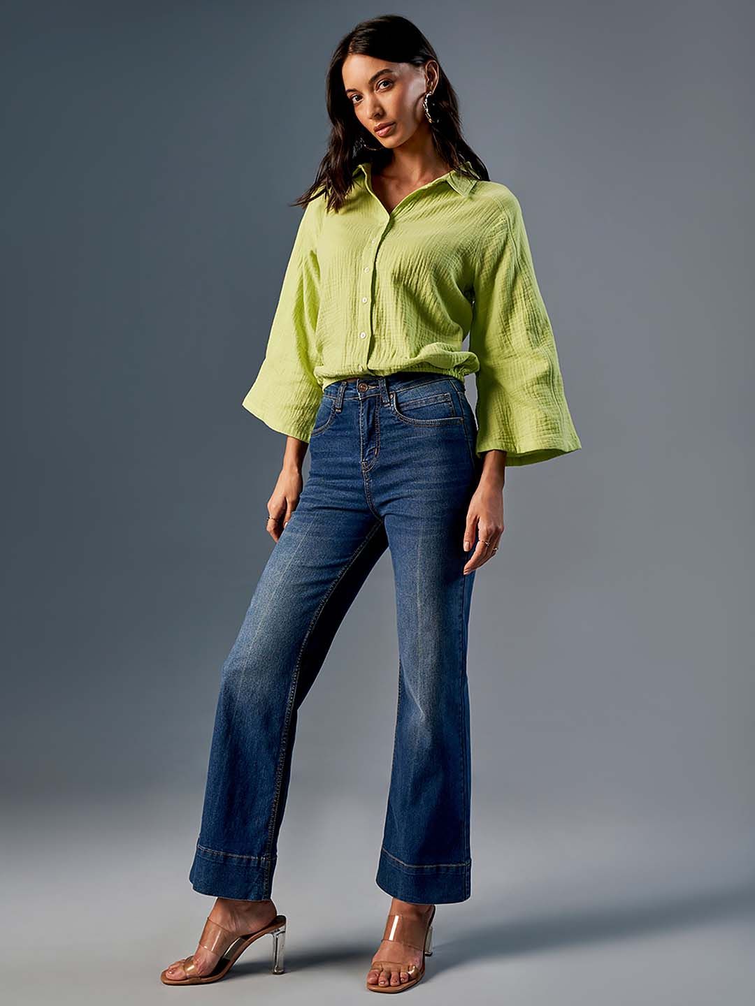 AND Self Design Flared Sleeve Pure Cotton Shirt Style Top