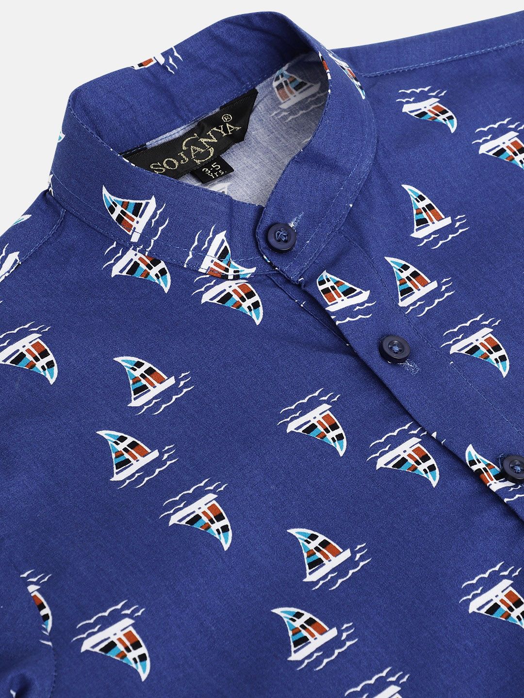 SOJANYA Boys Royal Blue Cotton Boat Printed Straight Kurta