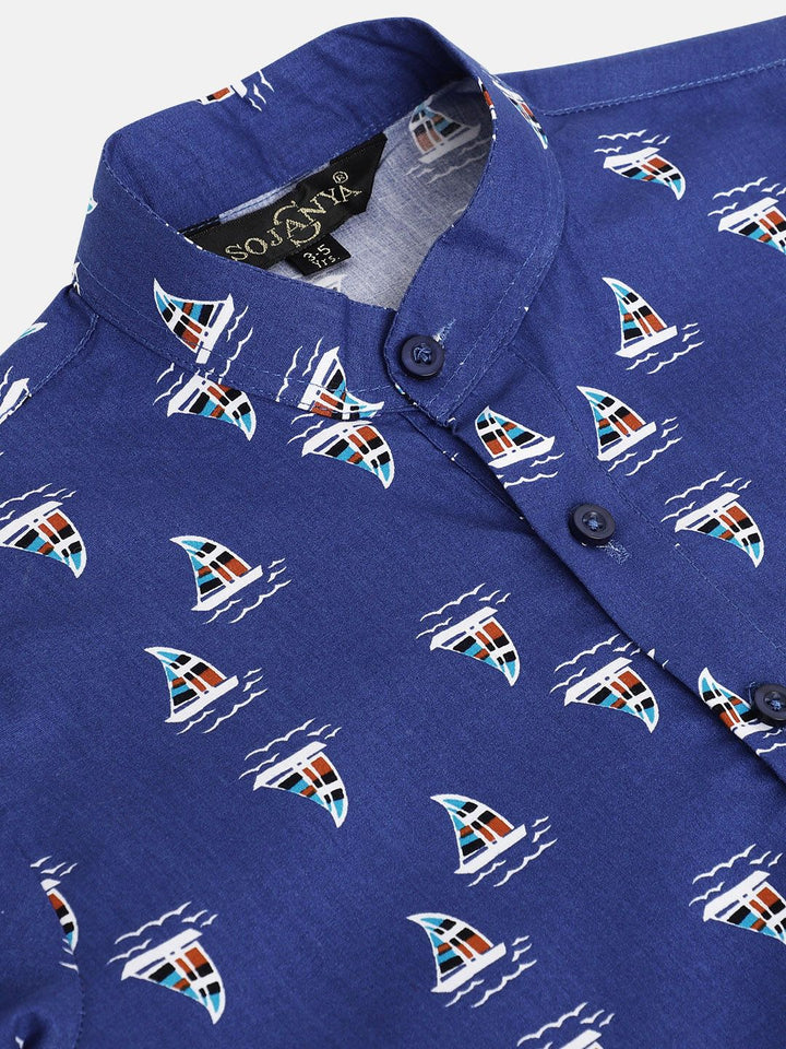 SOJANYA Boys Royal Blue Cotton Boat Printed Straight Kurta