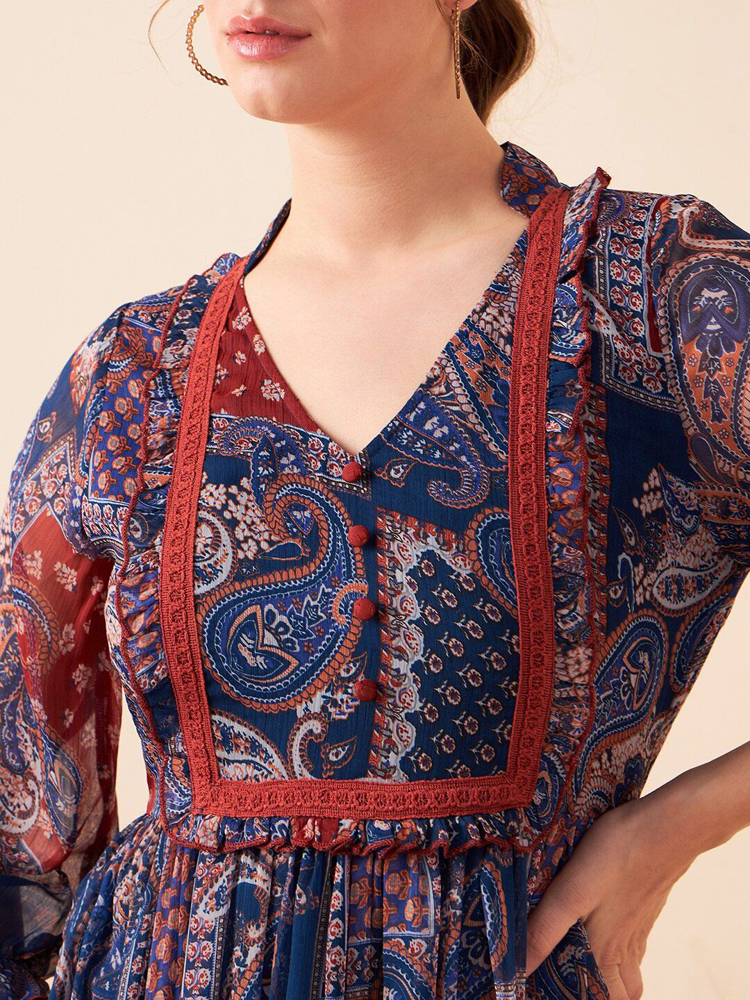 Antheaa Blue Floral Printed Puff Sleeves Chiffon Lace Inserts Tiered A-Line Midi Dress