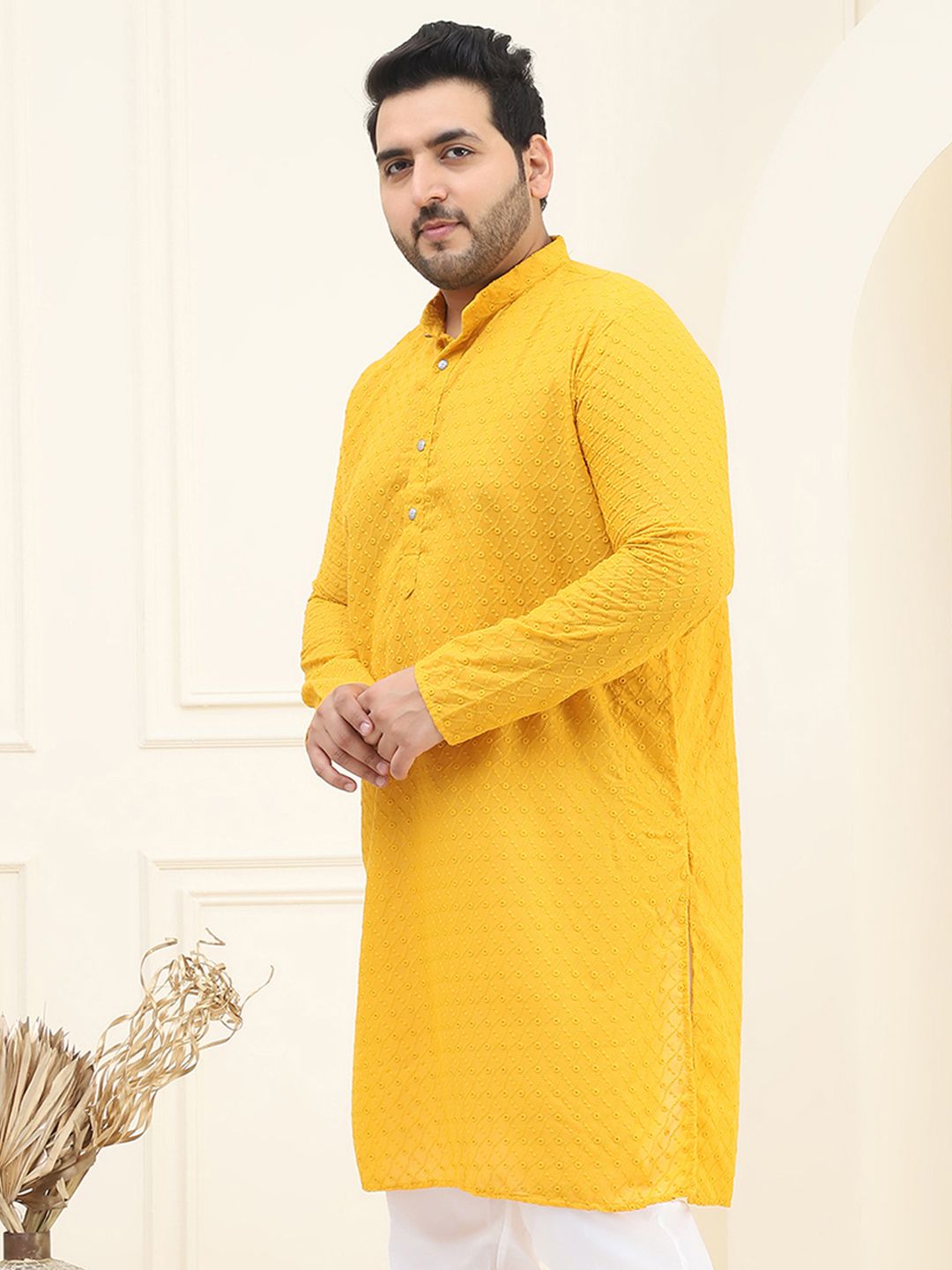 SOJANYA PLUS Lelaki Mustard Kuning Sulam Kurta Lurus