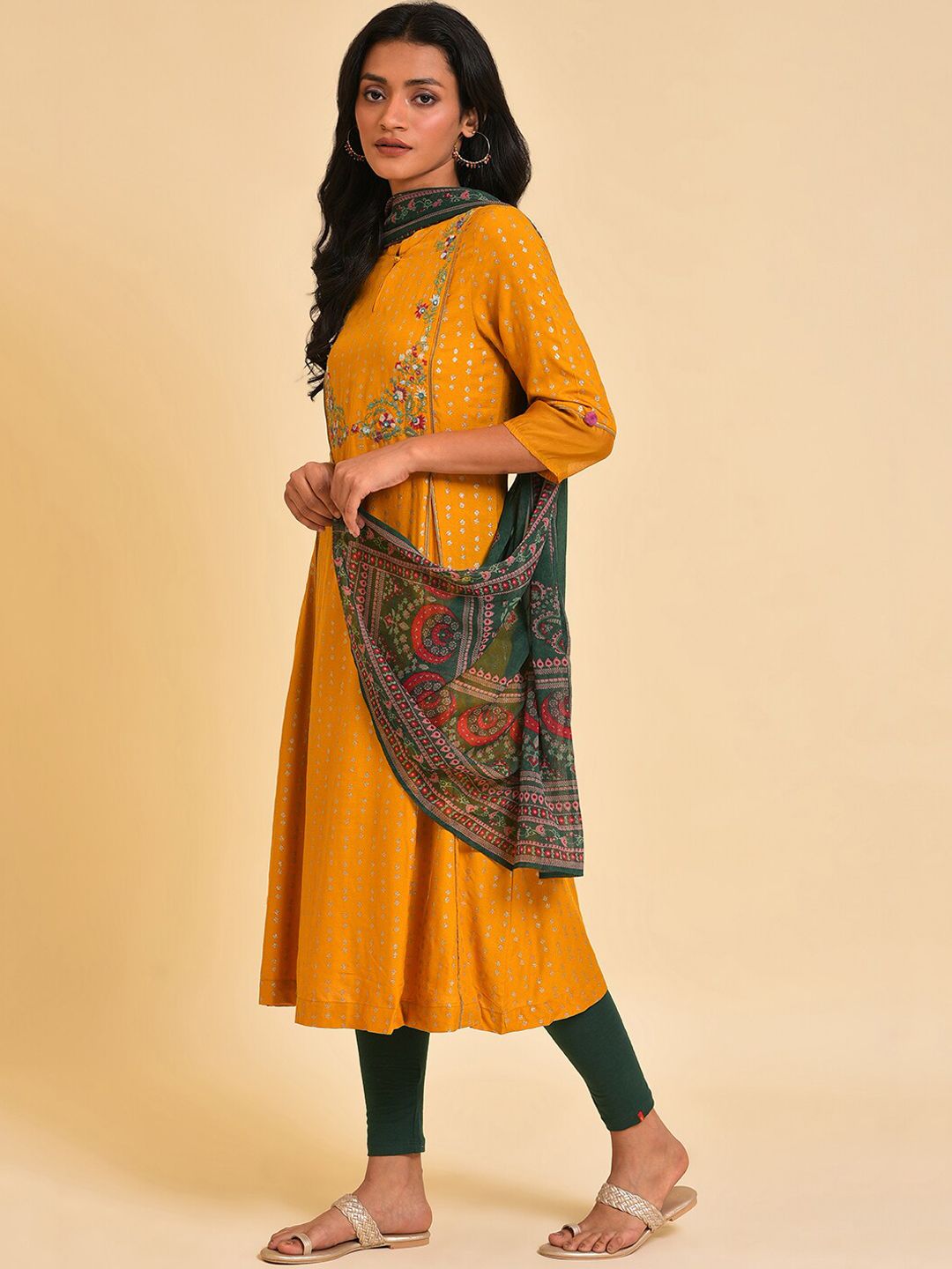 W Mustard Yellow & Green Embroidered Panelled A-Line Kurta Leggings & Dupatta