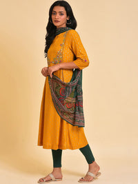 W Mustard Yellow & Green Embroidered Panelled A-Line Kurta Leggings & Dupatta