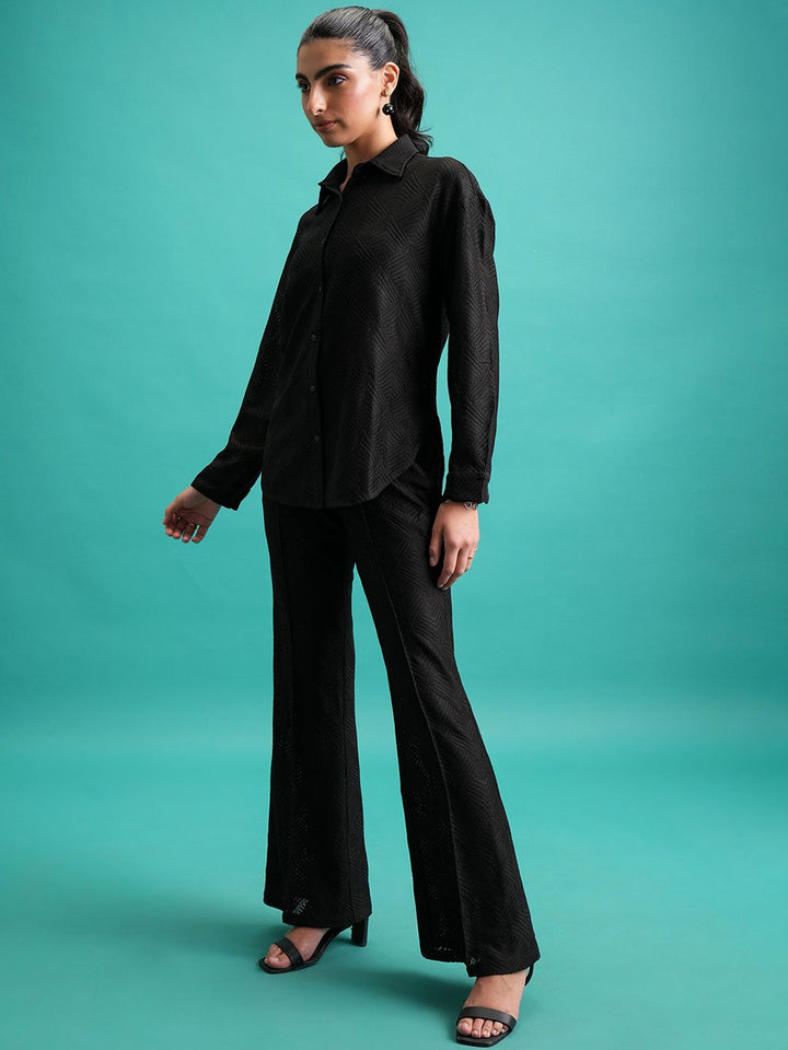 Tokyo Talkies Black Self Design Crochet Shirt With Flared Trouser Co-Ords