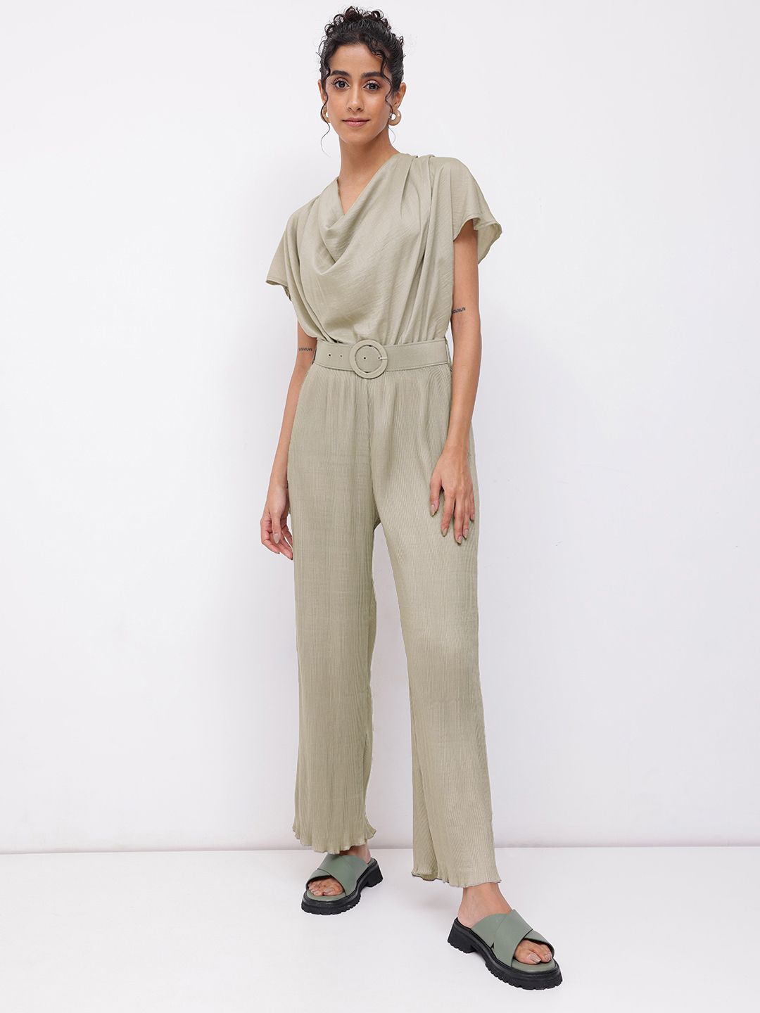 DressBerry Greyish Cowl Neck Draped Basic Jumpsuit With Belt