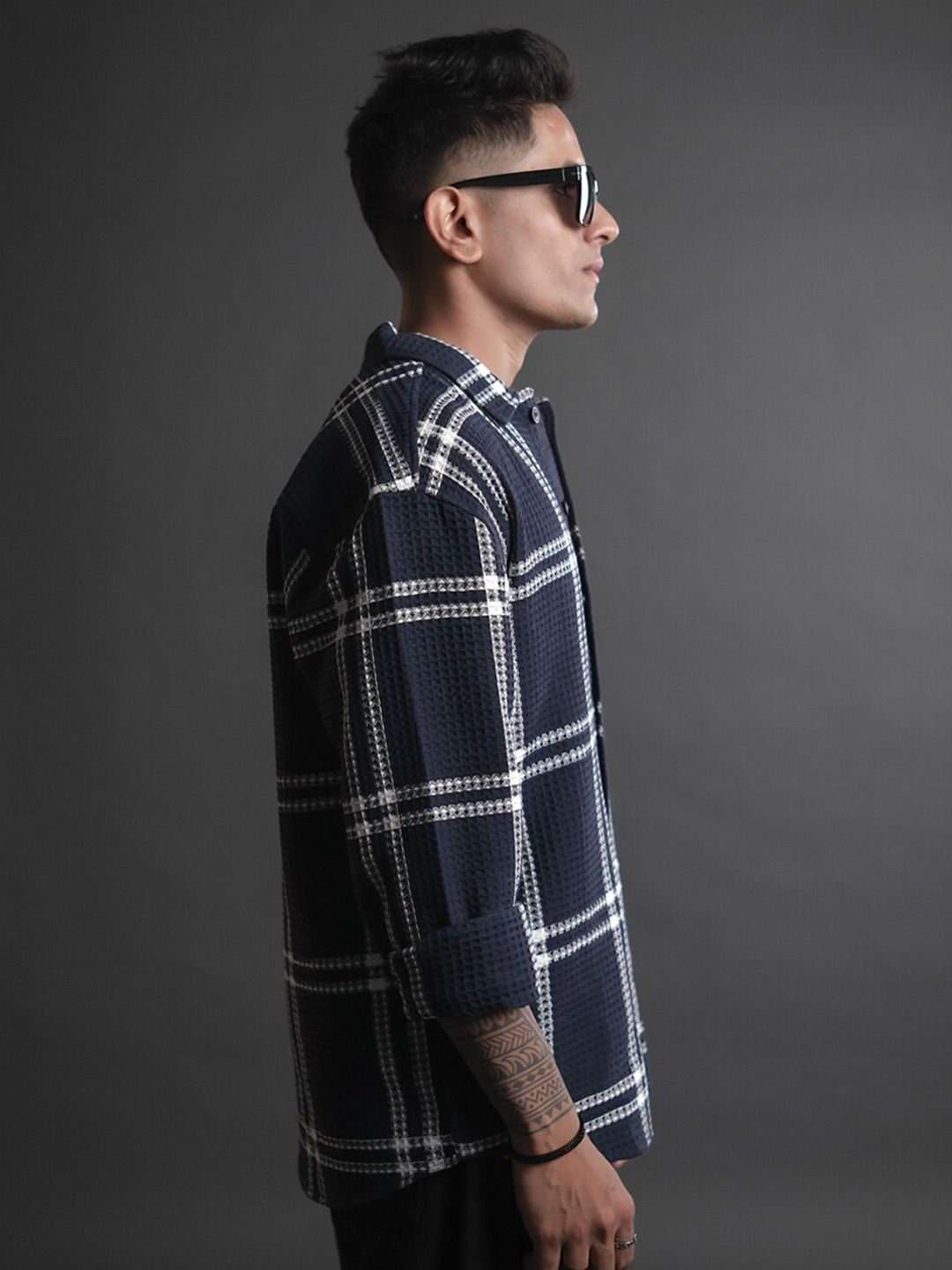 Powerlook Blue India Slim Besar Tartan Memeriksa Baju Kasual