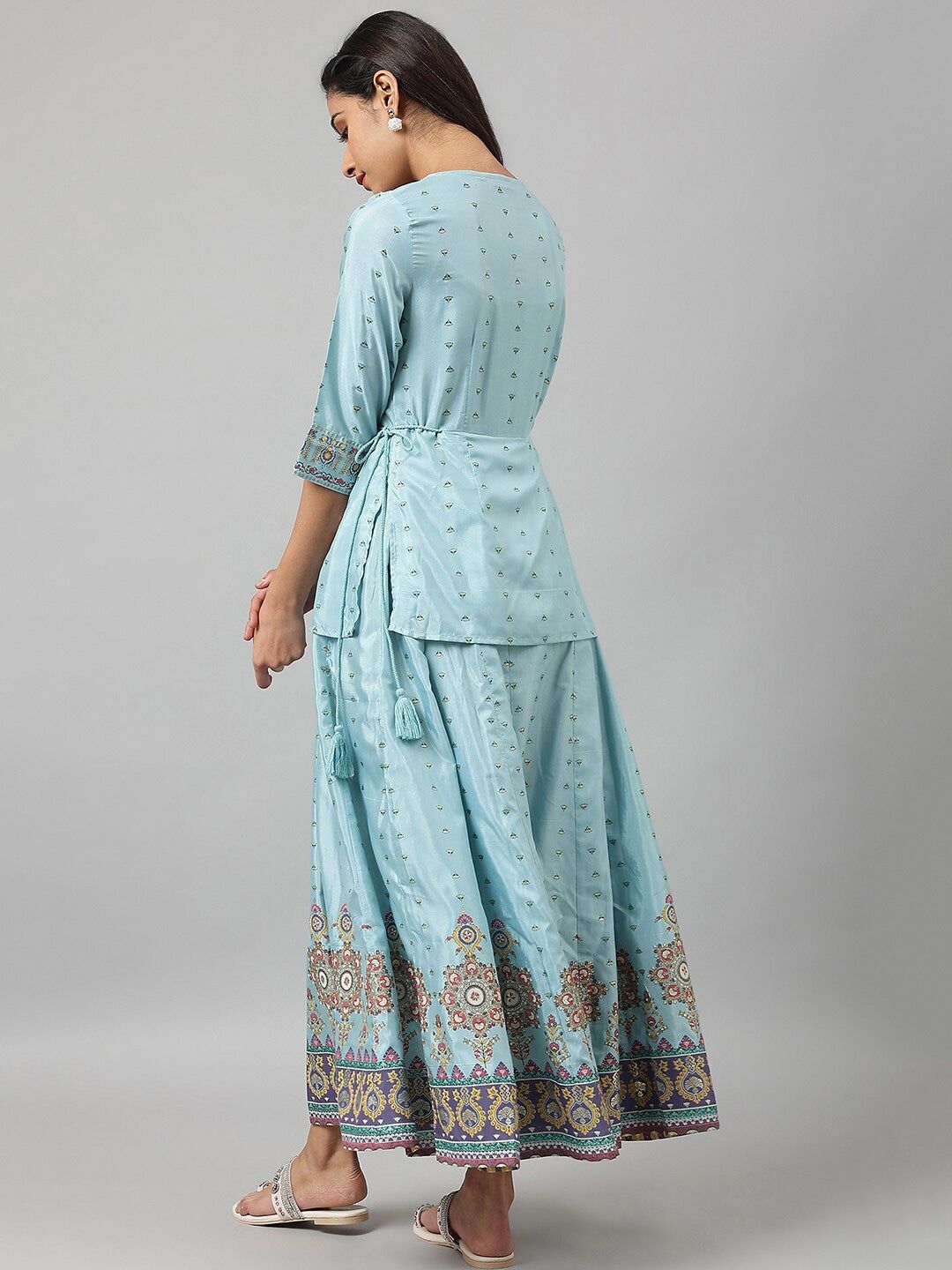 W Blue Ethnic Motifs Keyhole Neck Ethnic Maxi Dress