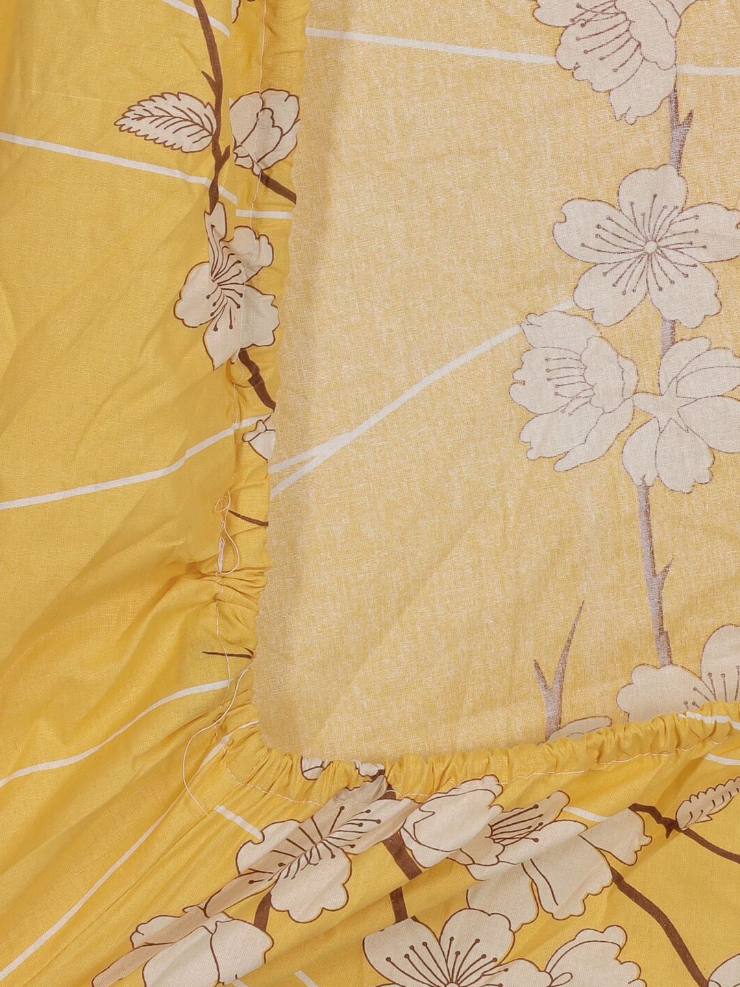 KLOTTHE Yellow & White Floral 400 TC Pure Cotton Fitted Double King Bedsheet Set