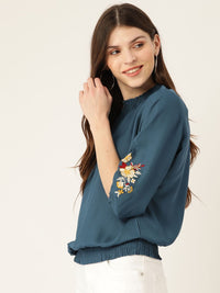 DressBerry Teal Blue Smocked Detail Blouson Top