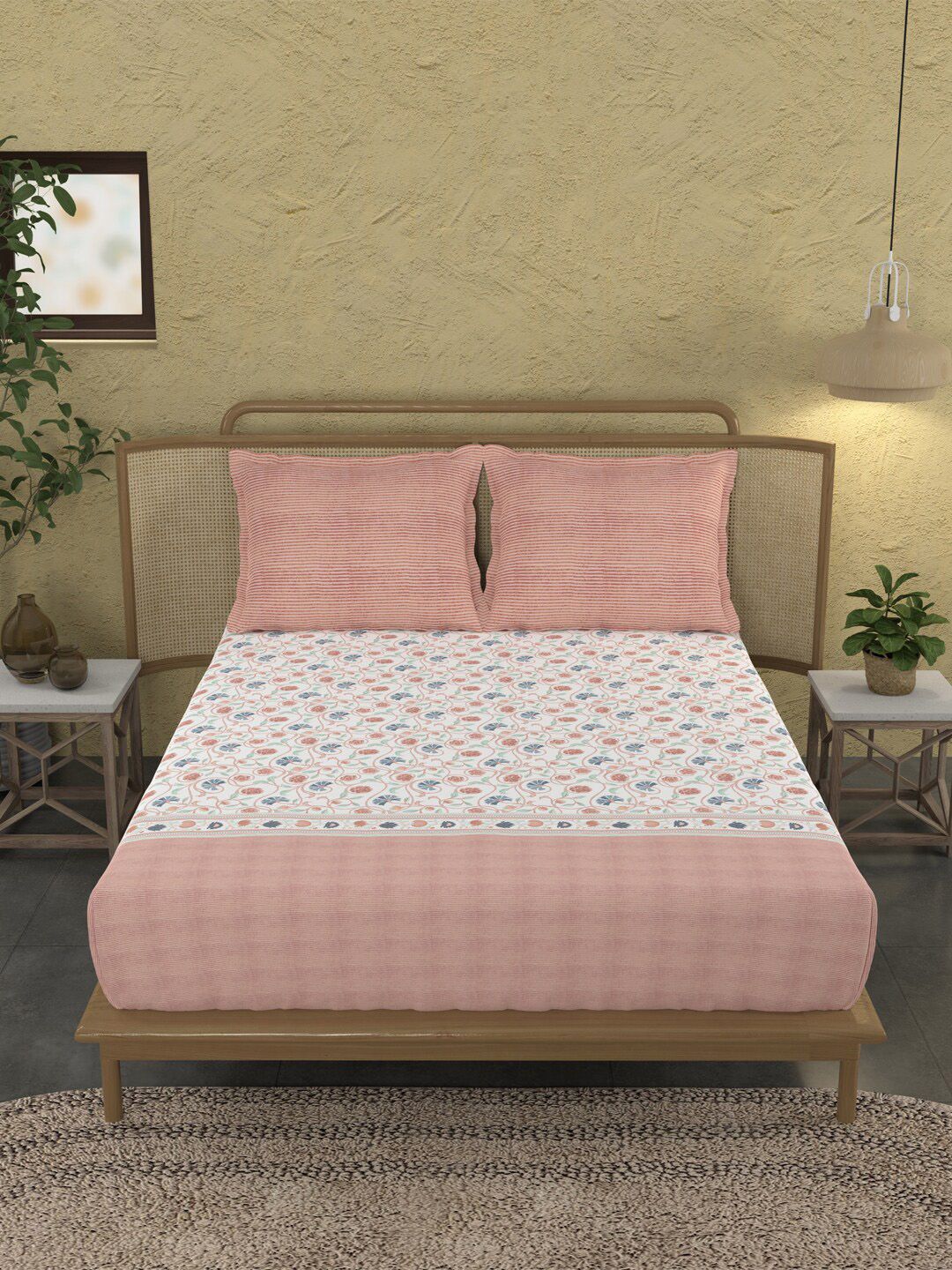 TRIDENT Block Print Rust Sanskriti Flat 144TC King Cotton Bedsheet Set