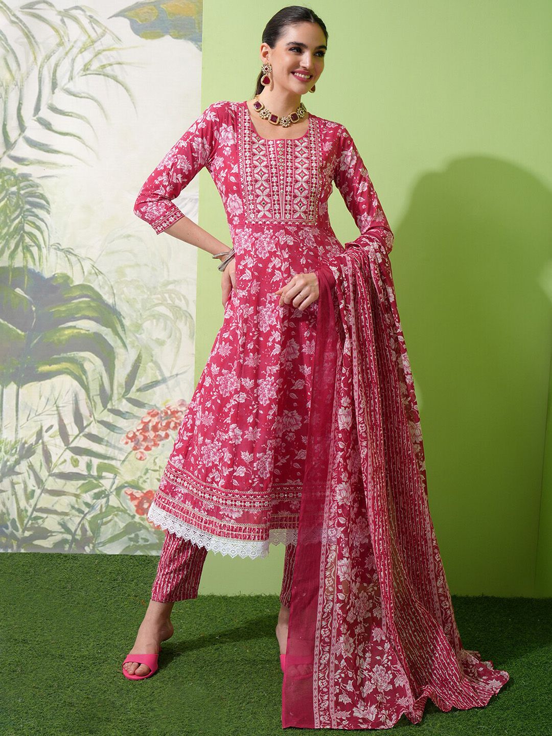 Vishudh Floral Printed Regular Thread Work Pure Cotton Kurta with Trousers & With Dupatta