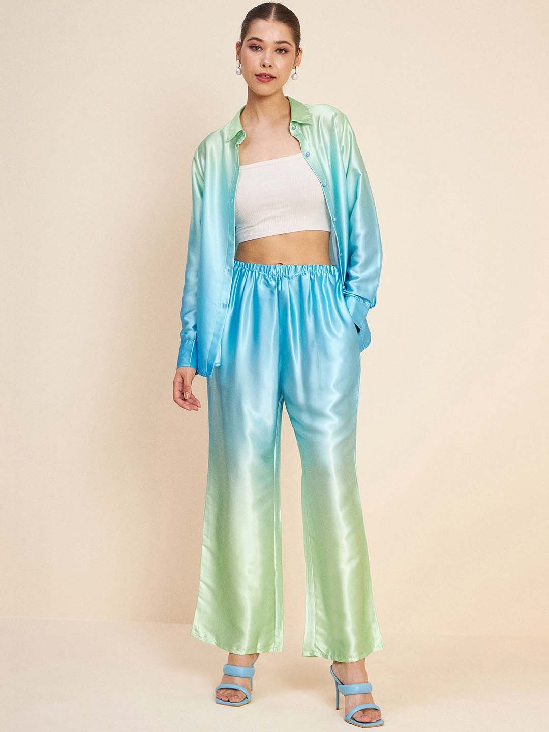 Antheaa Blue Ombre Printed Shirt Collar Long Sleeve Co-Ords